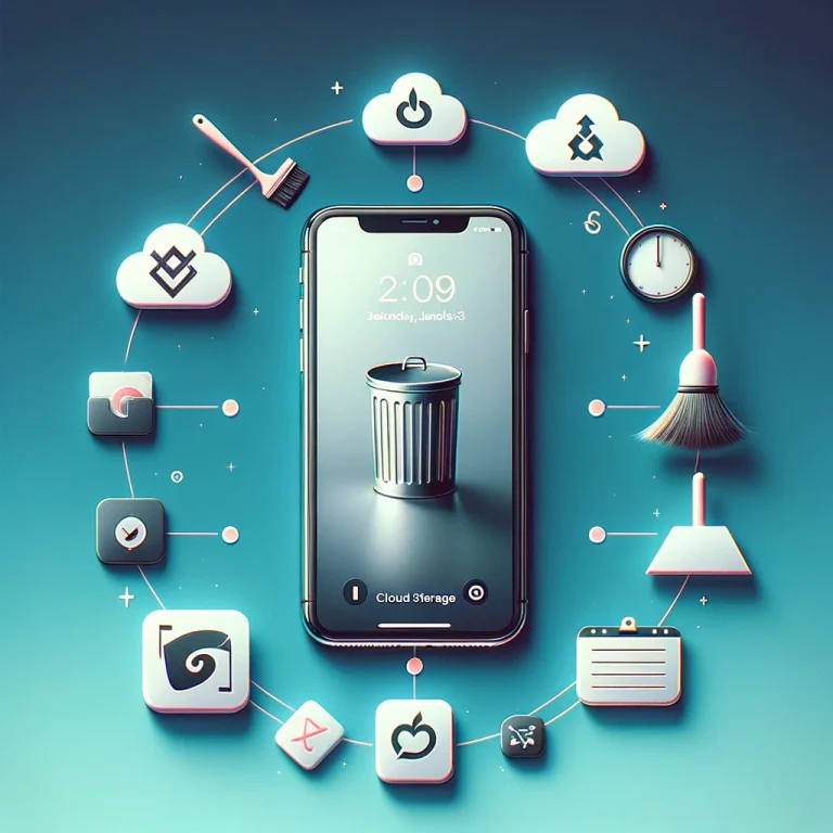 iPhone optimalisatie met iconen voor het verwijderen van apps, cloudopslag en opschonen van de fotobibliotheek, symboliserend hoe ruimte vrij te maken.